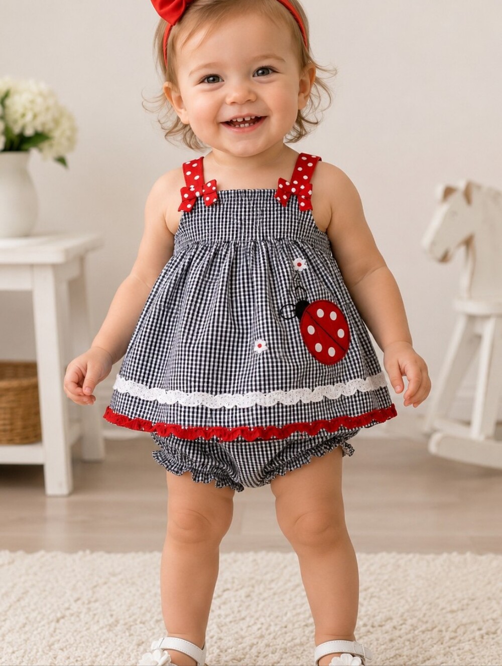 3/$30 EMILY ROSE Check Ladybug Ruffle Bow Summer Dress 18 Months